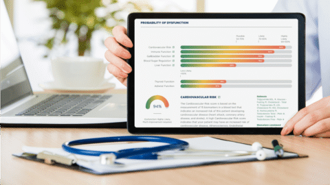 ODX functional blood chemistry report displayed on tablet with laptop and stethoscope on desk
