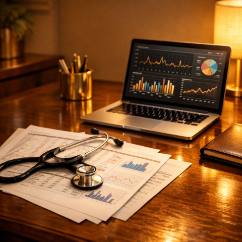 Health optimisation consultation desk with blood test results, stethoscope, and laptop showing health data - Functional Aesthetics UK