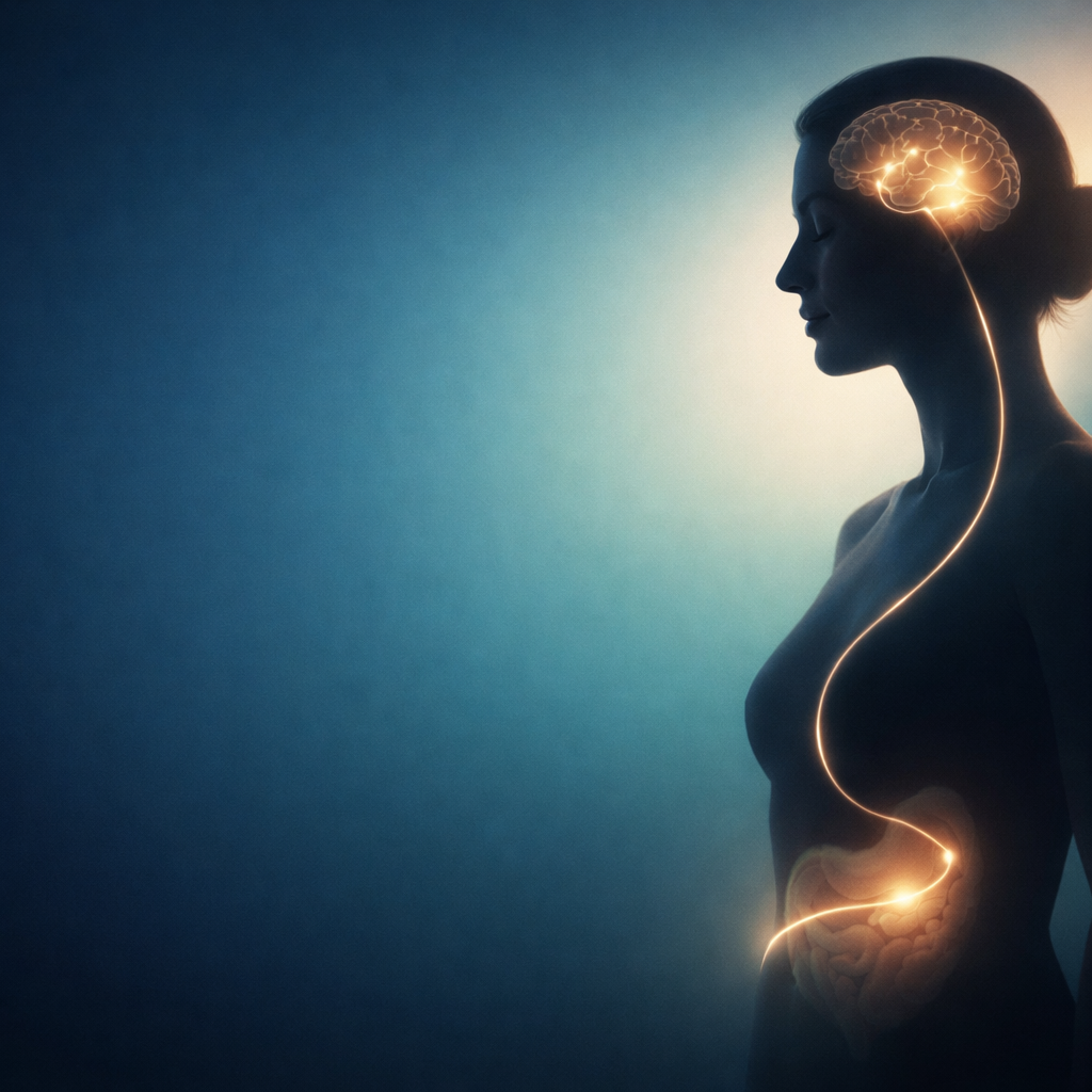 Calm silhouette of a person with a softly glowing gut-brain axis line, representing histamine, nervous system recovery and the gut-brain connection